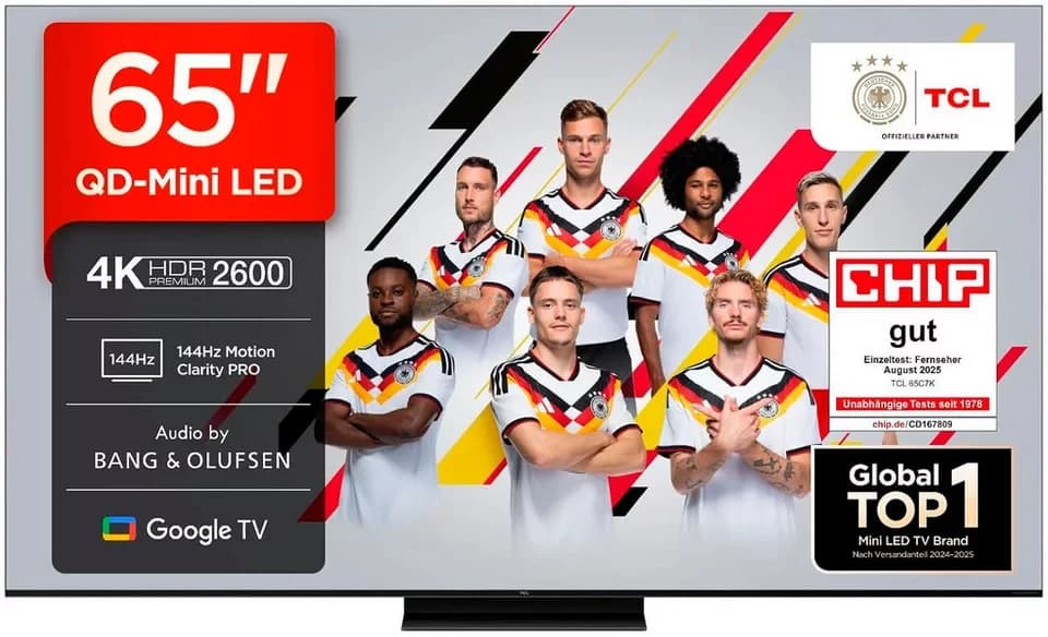 TCL 65C7K LED-Fernseher (164 cm/65 Zoll, 4K Ultra HD, Smart-TV, Google TV, 4K QD-Mini LED, 144Hz, Bang & Olufsen, Dolby Atmos, Google TV)