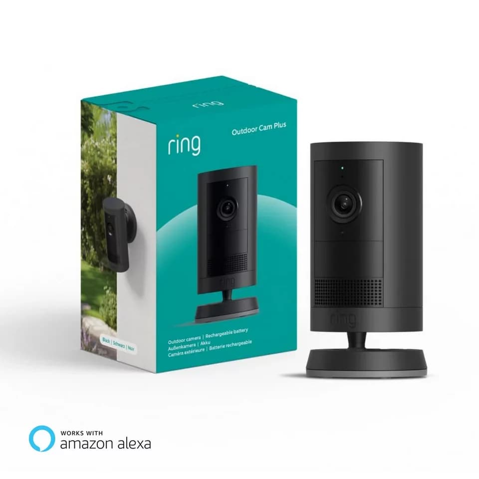 Ring Überwachungskamera Außenkamera Plus Akku (Outdoor Camera Plus Neueste Generation) (Außenbereich, Innenbereich, 2K-Weitwinkelvideo, Kabellos, Selbstinstallation)