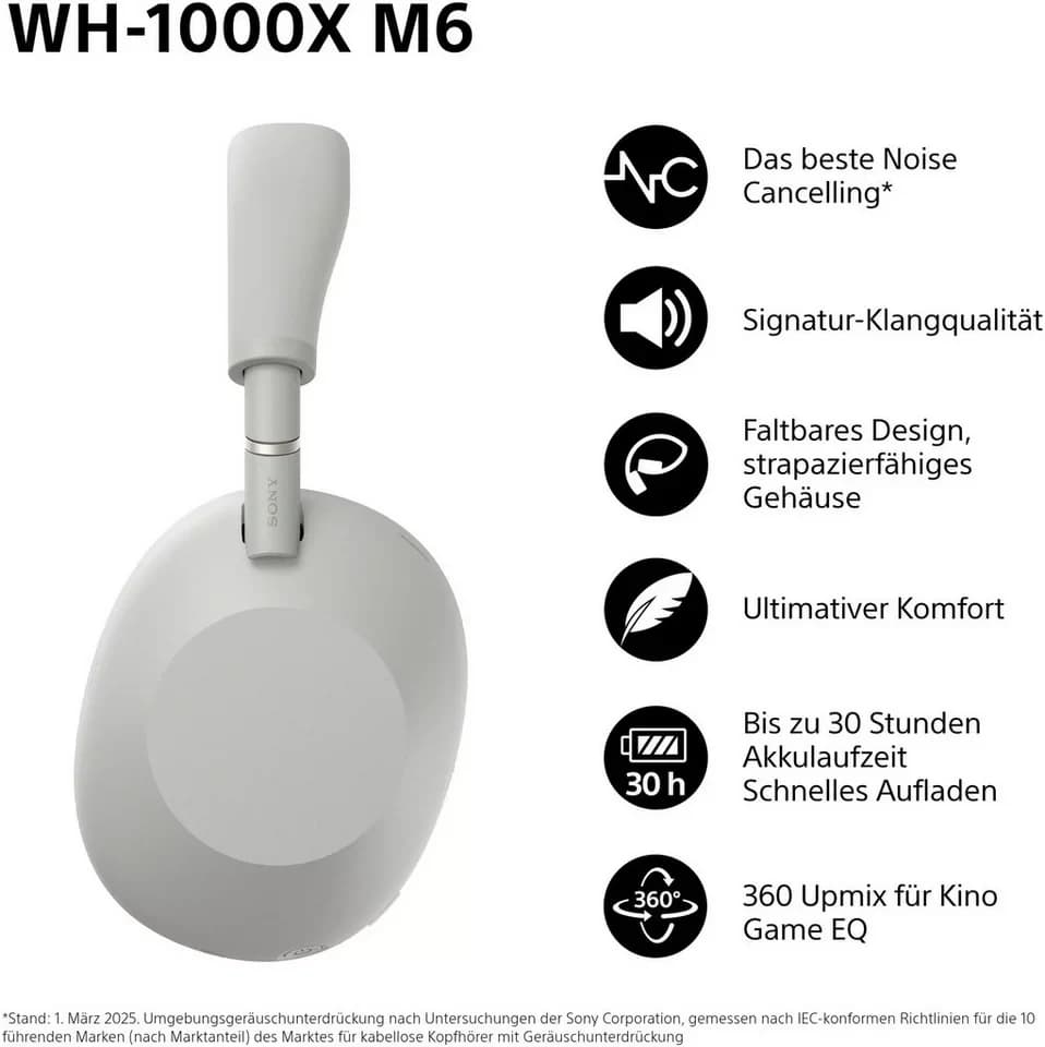 Sony WH-1000XM6 Premium Noise Cancelling Wireless Over-Ear-Kopfhörer (Freisprechfunktion, Multi-Point-Verbindung, Noise-Cancelling, Transparenzmodus, Wireless-Audio-Streaming, integrierte Steuerung für Anrufe und Musik, A2DP Bluetooth, Bluetooth, HFP, HSP, AVRCP Bluetooth, Kabellose Over Ear Kopfhörer mit Sony’s bestem Noise Cancelling) - Thumbnail 2