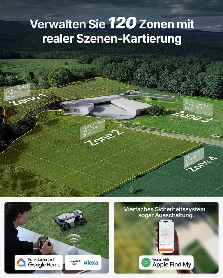 NAVIMOW Rasenmähroboter Segway X420 Mähroboter ohne Begrenzungskabel, bis 2000 m² Rasenfläche, (1-St., Zero-Turn AWD für 84 % Steigungen, NRTK+360° Vision), All-Terrain-Rasenmäher Roboter, Keine RTK-Basisstation - Thumbnail 9