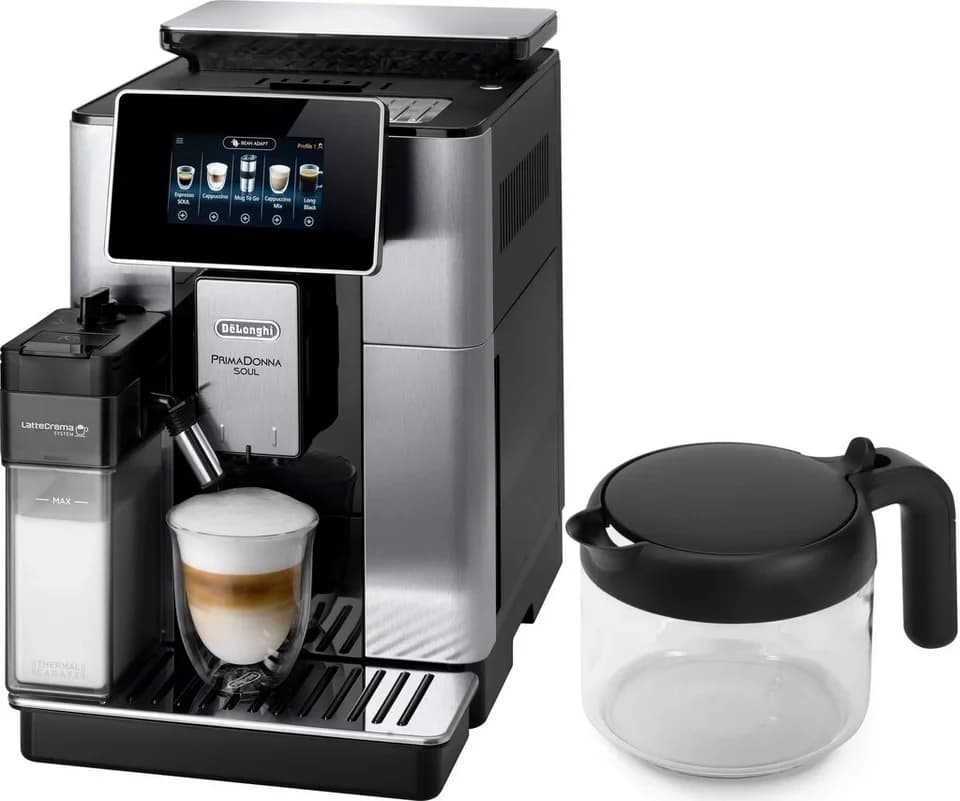 De'Longhi Kaffeevollautomat PrimaDonna Soul ECAM610.75.MB - Mit Kaffeekannen-Funktion, Inkl. Kaffeekanne, Bean Adapt Technology, Edelstahl, Scheibenmahlwerk
