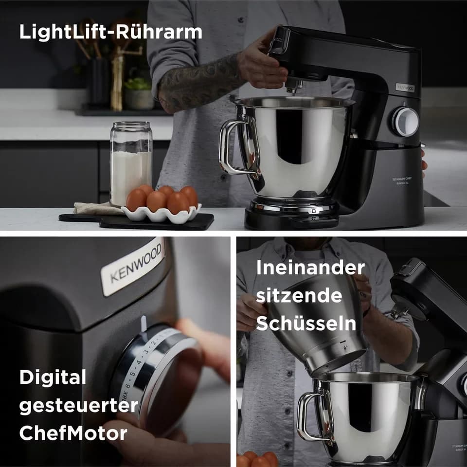 KENWOOD Küchenmaschine Titanium Chef Baker XL KVL85.004BK, EasyWeigh™-Waage, 1200W, schwarz, 1200 W, 7 l Schüssel, 3-teiliges Patisserie-Set, Flexi-Element, 5l & 7l Rührschüssel, Spatel - Thumbnail 6