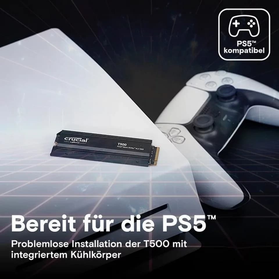 Crucial T500 2TB SSD PS5 M.2 2280 PCIe 4.0 NVMe Kühlkörper interne SSD (2 TB) M.2" 7400 MB/S Lesegeschwindigkeit, 7000 MB/S Schreibgeschwindigkeit, Integrierter Heatsink, DirectStorage, TLC NAND, PS5-kompatibel - Thumbnail 2
