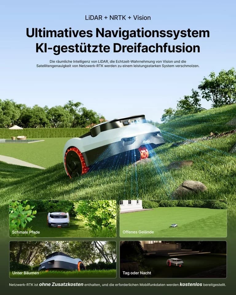 NAVIMOW Rasenmähroboter Segway i210/i220 LiDAR Pro Mähroboter ohne Begrenzungskabel, bis 1000 m² Rasenfläche, (1-St., Xero-Turn AWD für 55 % Steigungen, Auto-Kartierung), mit Garage M, LiDAR+Vision+NRTK Tri-Fusion-Positionierung - Thumbnail 2