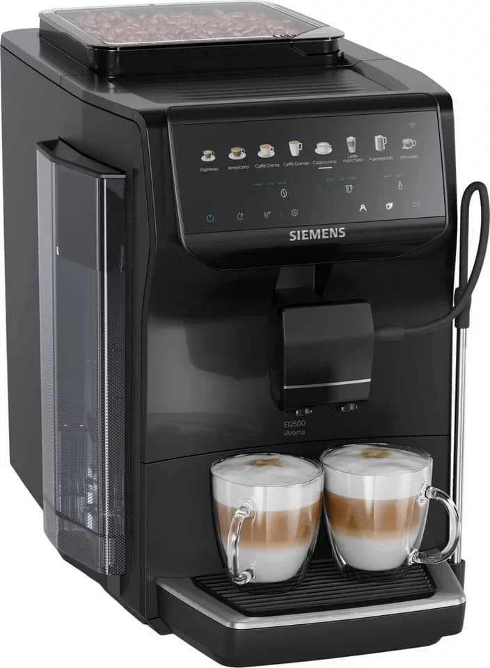 SIEMENS Kaffeevollautomat EQ500 TP553E19, Doppeltassenfunktion, 8 Getränke, farb. Touchdisplay, Keramikmahlwerk, entnehmbare Brüheinheit, Steuerung per App, Schwarz