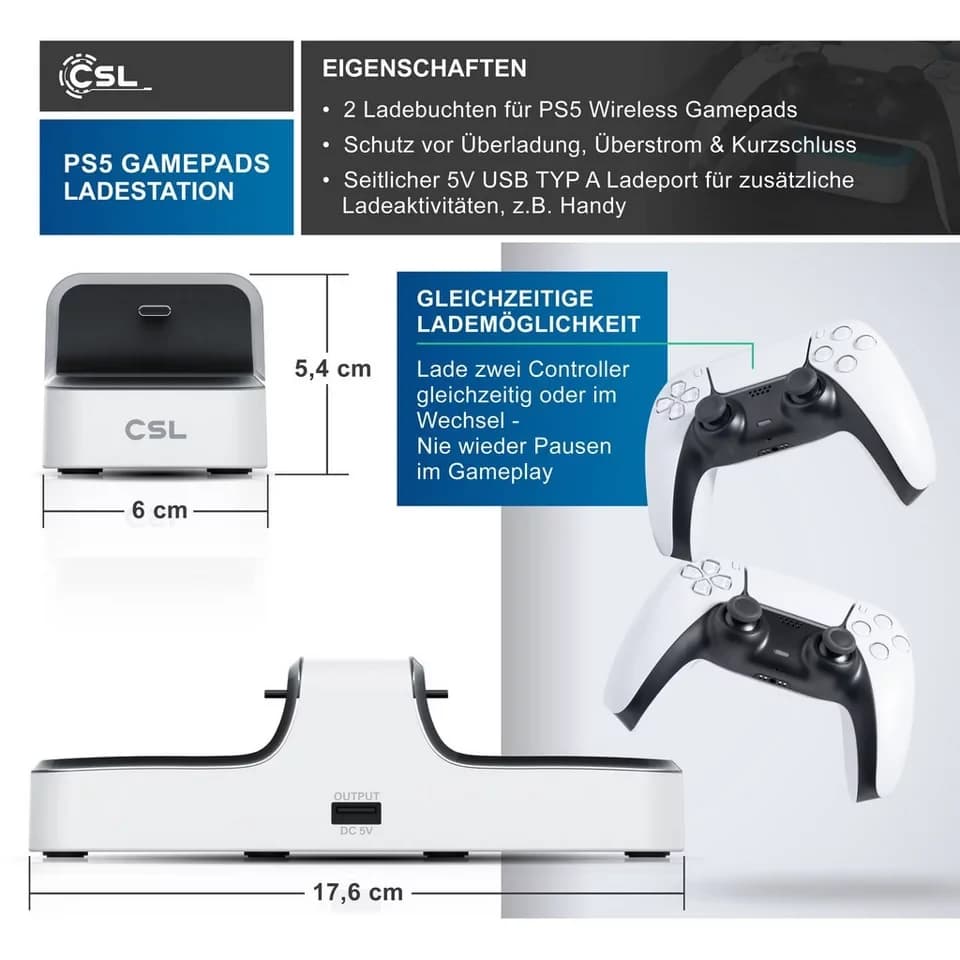 CSL PS5 Controller Ladestation, Twin Charge Playstation Wireless Gamepad DualSense-Ladestation (1000 mA, 1-tlg., Schnell Ladegerät mit USB Ladekabel & LED Anzeige) - Thumbnail 2