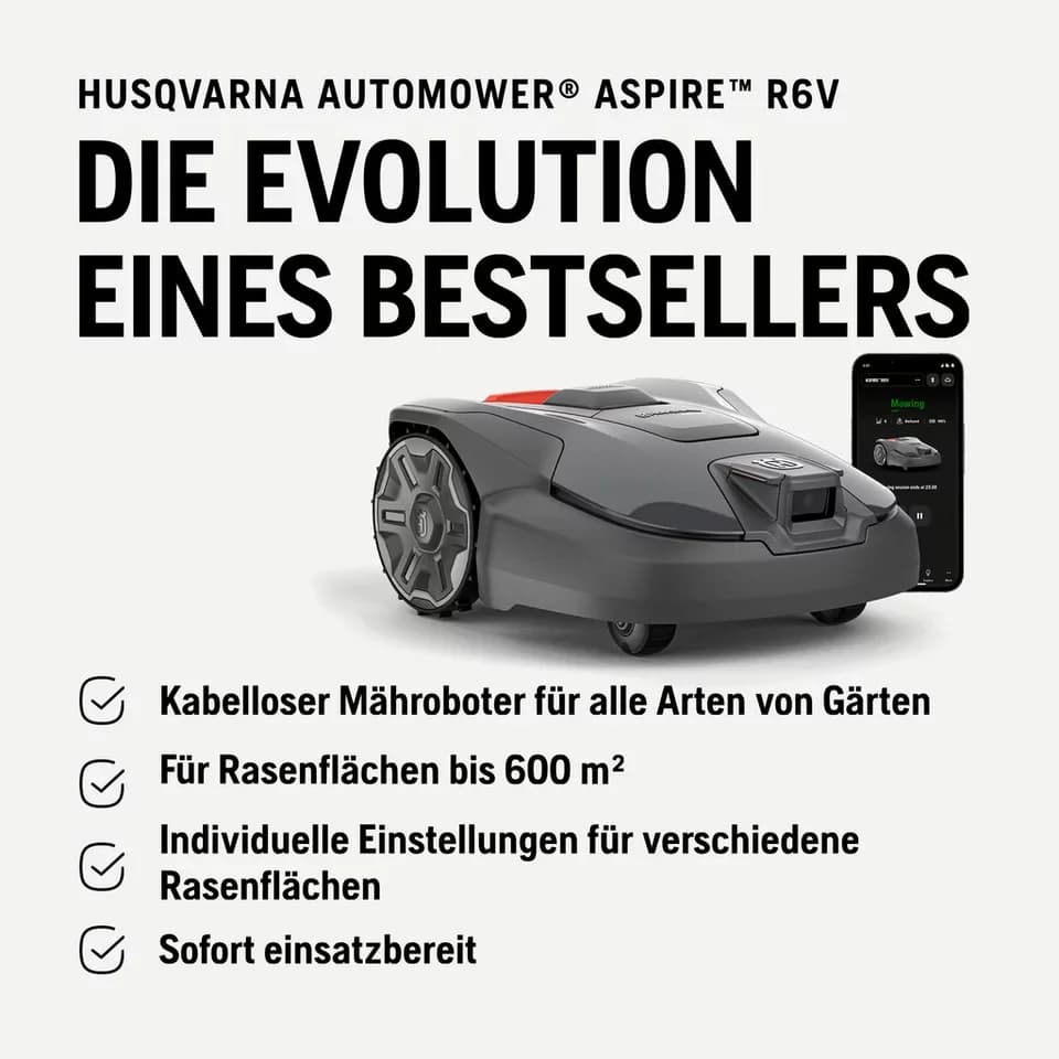 Husqvarna Rasenmähroboter Automower® Aspire R6V, bis 600 m² Rasenfläche, ohne Begrenzungskabel, Objekterkennung, GPS-Navigation, WLAN-Steuerung - Thumbnail 2
