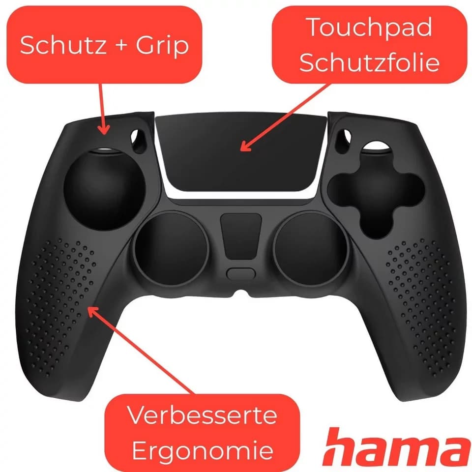 Hama Konsolen-Tasche Silikon Grip Skin Schwarz für Sony PS5 Controller, Schutz-Hülle Cover Case Gel Anti Rutsch Ergonomisch Schutz Pad Folie - Thumbnail 3
