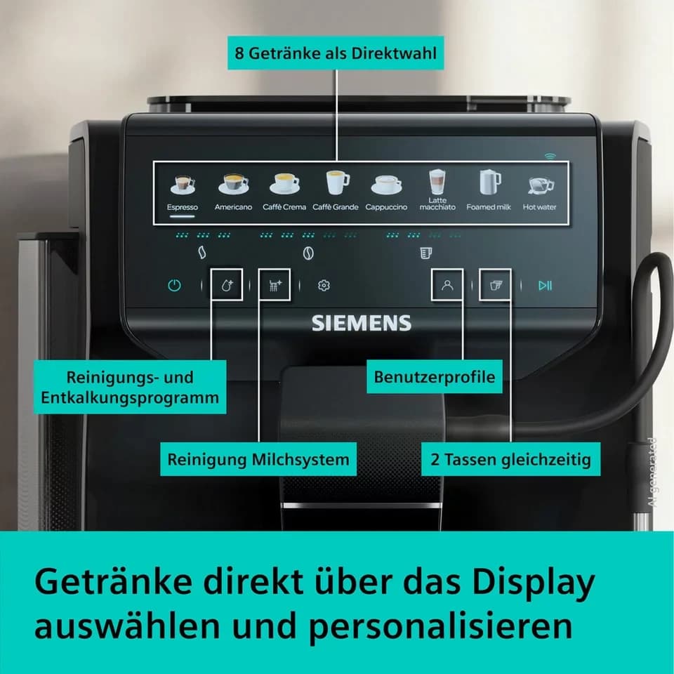 SIEMENS Kaffeevollautomat EQ500 TP553E19, Doppeltassenfunktion, 8 Getränke, farb. Touchdisplay, Keramikmahlwerk, entnehmbare Brüheinheit, Steuerung per App, Schwarz - Thumbnail 4