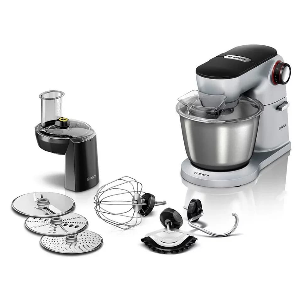 BOSCH Küchenmaschine Serie 8 MUM9D33S11, Durchlaufschnitzler, 3 Scheiben, silber, 1600 W, 5,5 l Schüssel, Edelstahlschüssel, Knethaken/Rühr-/Silikonbesen, spülm.fest