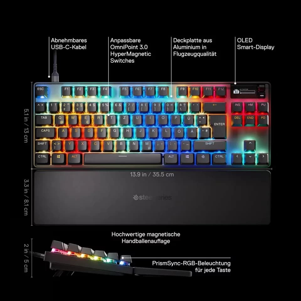 SteelSeries Apex Pro TKL Gen 3 DE Tastatur (OmniPoint 3.0, RGB-Beleuchtung, Kompakt, verstelbare Schalter) - Thumbnail 4