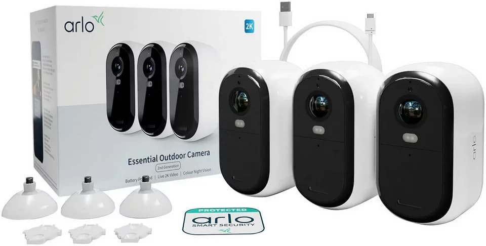 ARLO Smart Home Kamera ESSENTIAL 2K Outdoor Kamera 3er-Pack (Innenbereich, Außenbereich, Packung)
