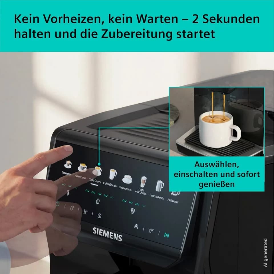 SIEMENS Kaffeevollautomat EQ500 TP553E19, Doppeltassenfunktion, 8 Getränke, farb. Touchdisplay, Keramikmahlwerk, entnehmbare Brüheinheit, Steuerung per App, Schwarz - Thumbnail 2
