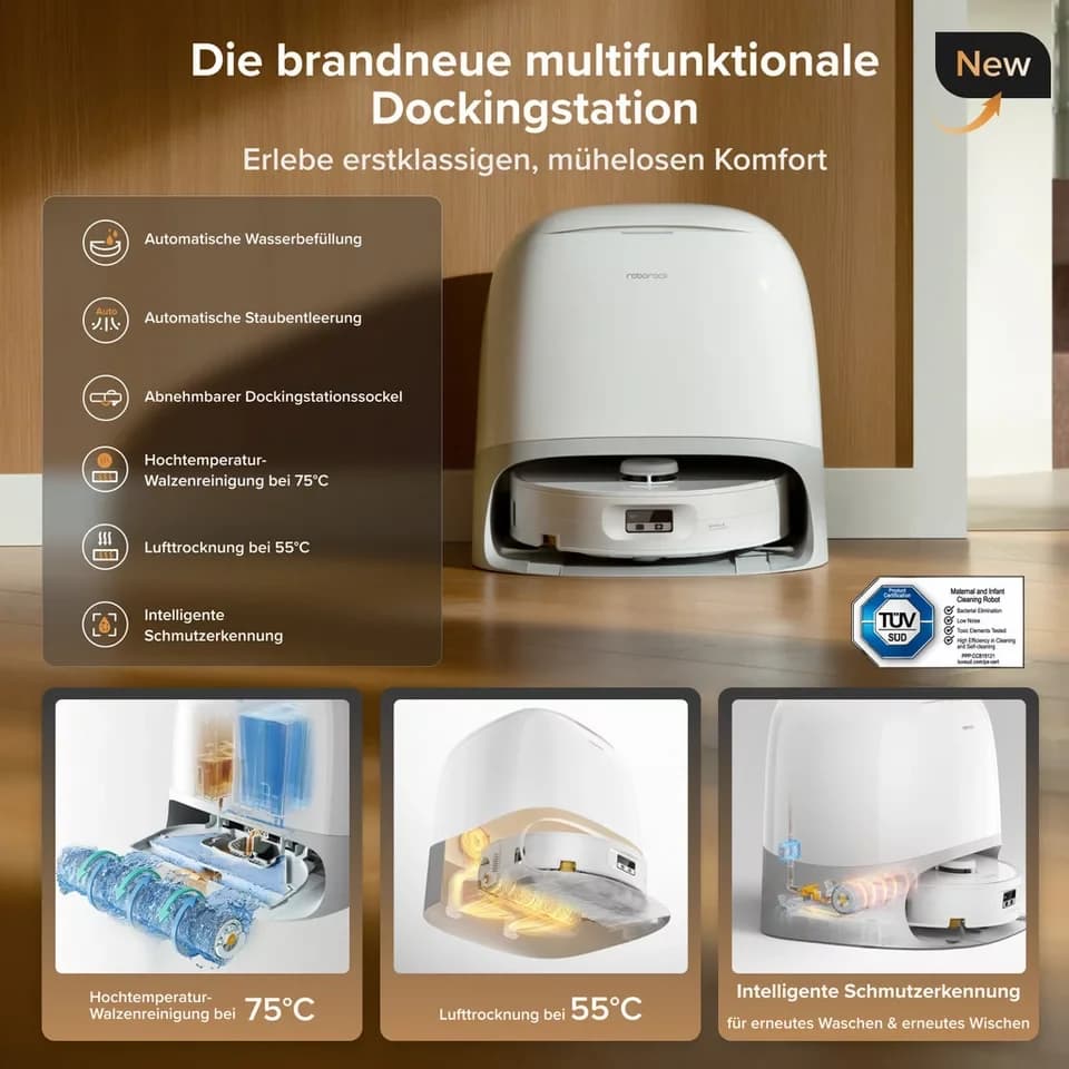 Roborock Saugroboter Qrevo Curv 2 FlowX, White, 65 W, mit Beutel, Automatische Teppichschutz‑Walzenklappe - Thumbnail 7