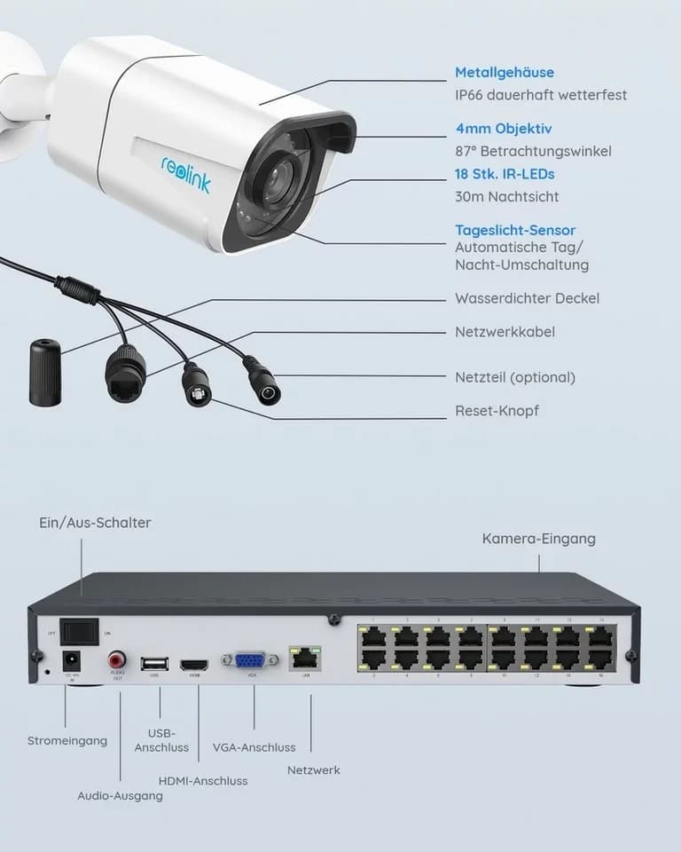 Reolink Überwachungskamera RLK16-810B8-A 4K PoE (Außenbereich, Videoüberwachungsset, Videoüberwachung mit 8X 8MP PoE IP Kamera und 16CH 4TB HDD NVR, Personenerkennung und Fahrzeugerkennung, IP66, 30M IR Nachtsicht) - Thumbnail 9