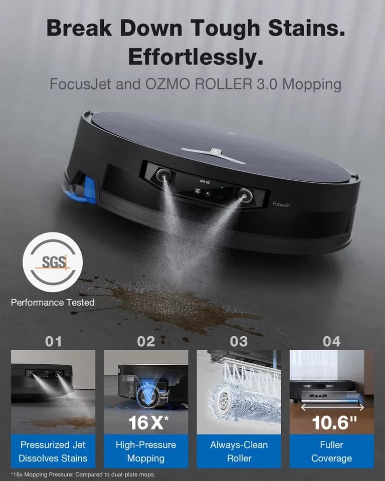 ECOVACS Nass-Trocken-Saugroboter DEEBOT X12 OmniCyclone, FocusJet-Technologie, 110 W, beutellos, 25cm, Wischrolle, OmniCyclone Station (beutellos), Haustierfreundlich - Thumbnail 4