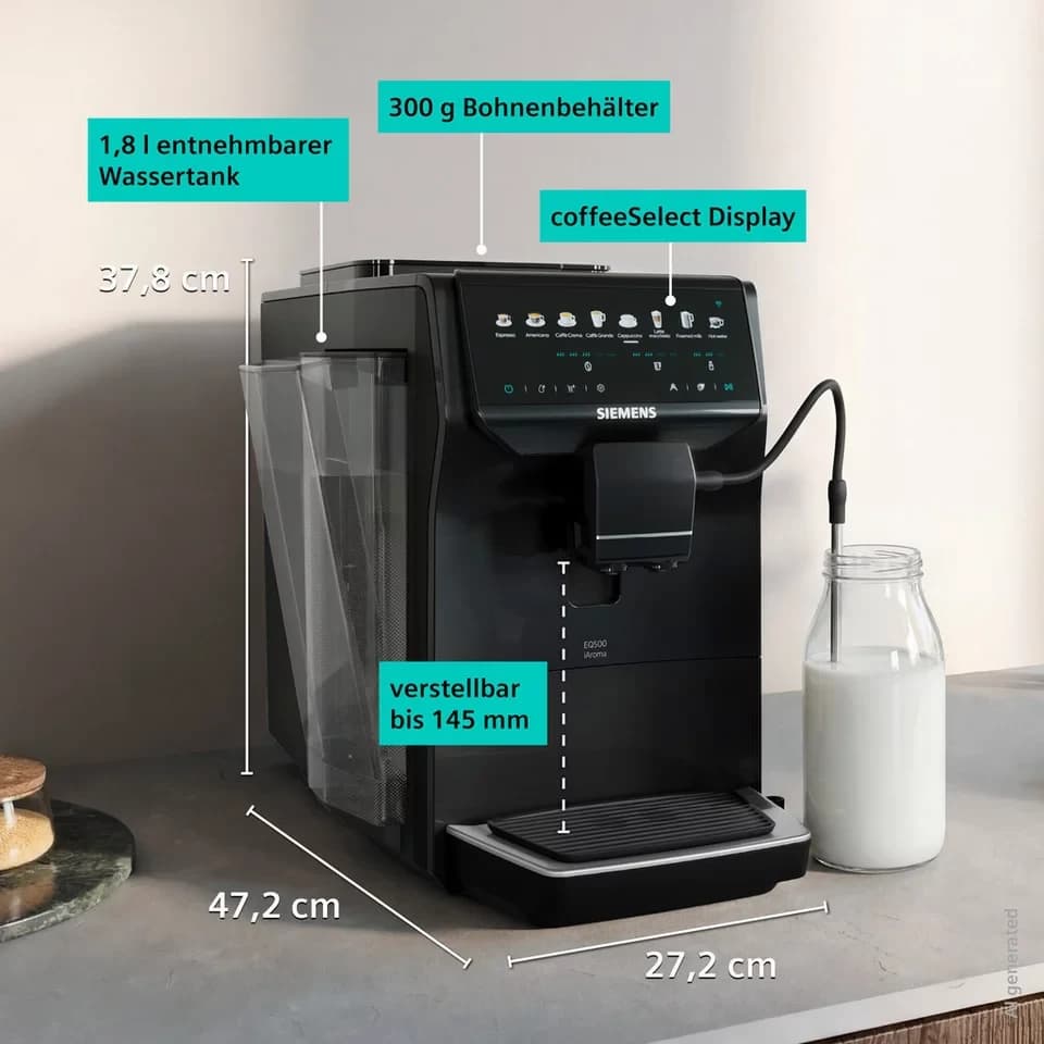 SIEMENS Kaffeevollautomat EQ500 TP553E19, Doppeltassenfunktion, 8 Getränke, farb. Touchdisplay, Keramikmahlwerk, entnehmbare Brüheinheit, Steuerung per App, Schwarz - Thumbnail 8