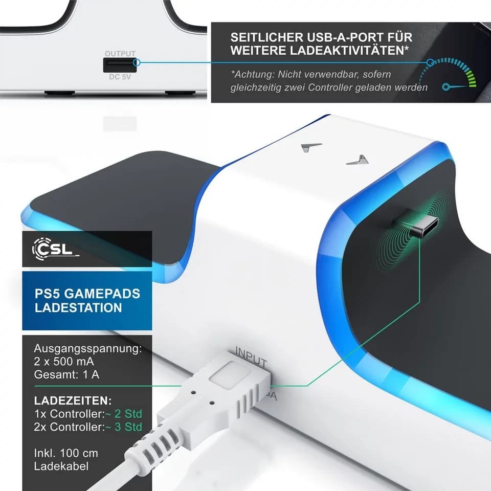 CSL PS5 Controller Ladestation, Twin Charge Playstation Wireless Gamepad DualSense-Ladestation (1000 mA, 1-tlg., Schnell Ladegerät mit USB Ladekabel & LED Anzeige) - Thumbnail 3