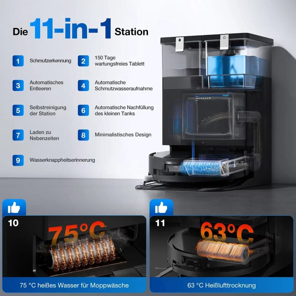 ECOVACS Saugroboter mit Wischfunktion, ECOVACS DEEBOT X8 OMNI, 18.000 Pa, OMNI-Station mit 75° Mopp-Waschen, OZMO ROLLER Wischen - Thumbnail 8