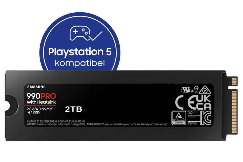 Samsung 990 PRO Heatsink interne SSD (2TB) 2,5" 7450 MB/S Lesegeschwindigkeit, 6900 MB/S Schreibgeschwindigkeit, mit Kühlkörper