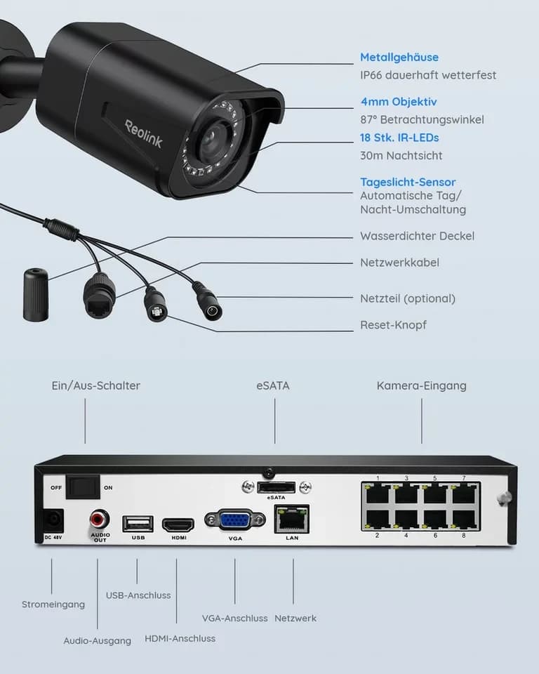 Reolink Überwachungskamera 4K PoE Überwachungskamera Set RLK8-810B4-A (AuBenbereich, Innenbereich, 8CH 2TB HDD NVR,4X PoE IP Kamera, Personen-/Fahrzeug-/Tiererkennung) - Thumbnail 9