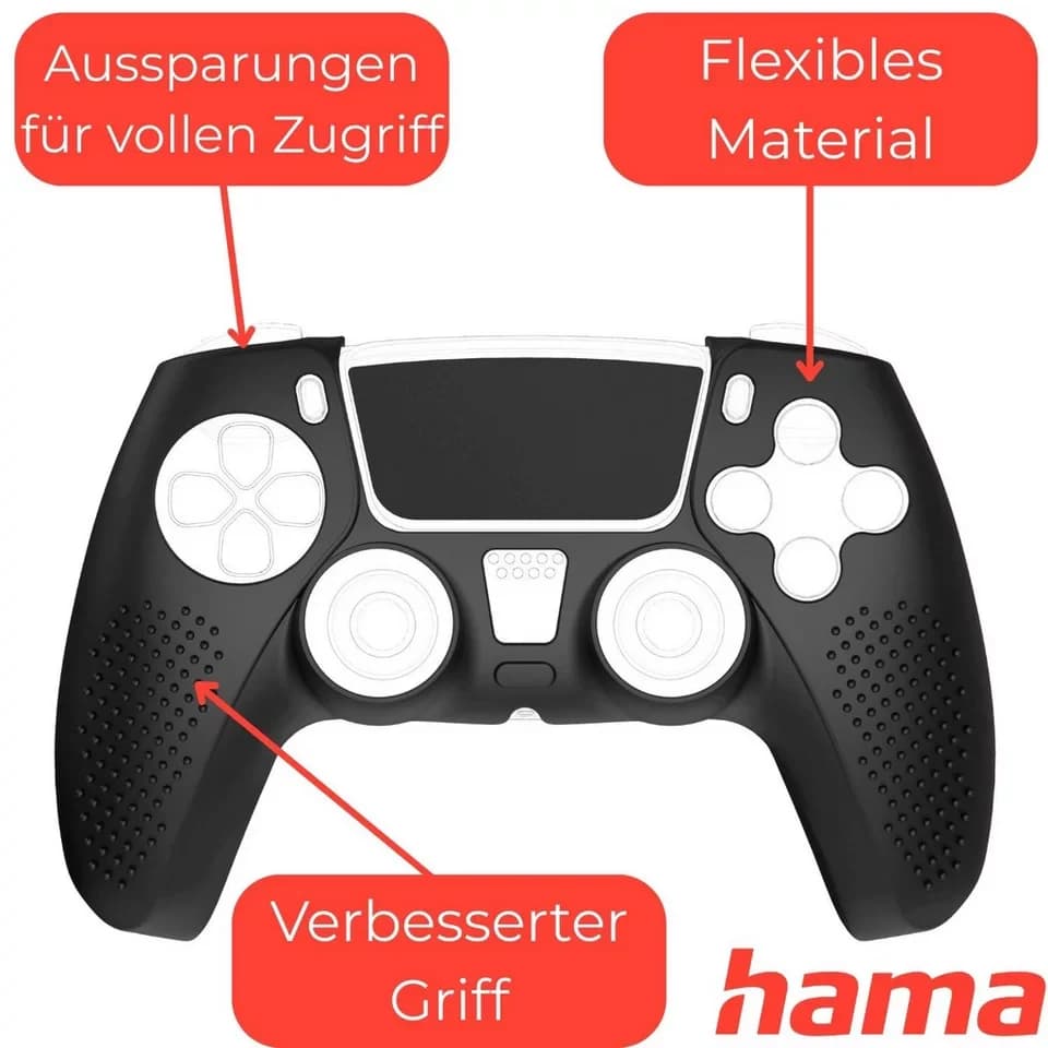 Hama Konsolen-Tasche Silikon Grip Skin Schwarz für Sony PS5 Controller, Schutz-Hülle Cover Case Gel Anti Rutsch Ergonomisch Schutz Pad Folie - Thumbnail 2