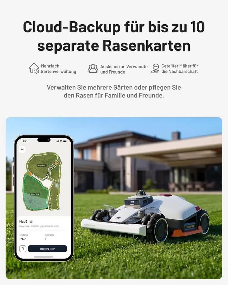 Mammotion Rasenmähroboter LUBA 3 AWD 3000 mit Garage, bis 3000 m² Rasenfläche, (360° LiDAR + Dual-Kamera-KI-Vision + NetRTK), Allradantrieb, Auto-Kartierung, 80% Steigung, 4G Moudel, APP - Thumbnail 8