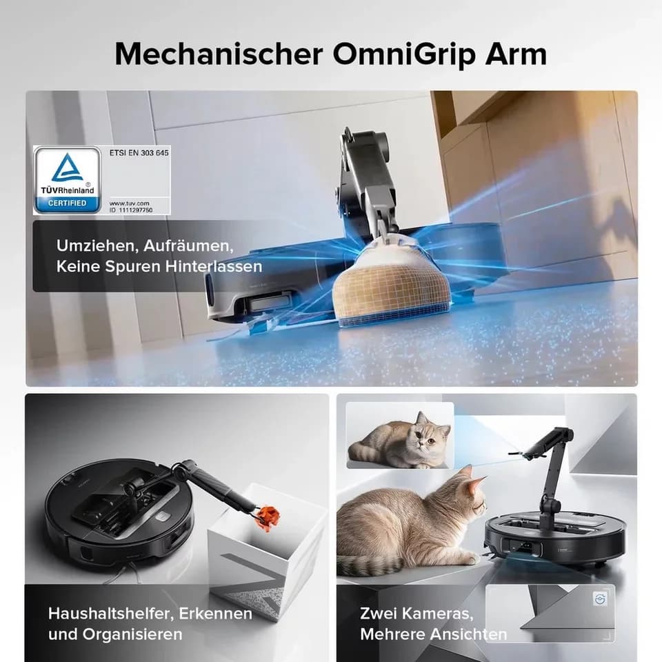 Roborock Nass-Trocken-Saugroboter Roborock Saros Z70 Staubsaugerroboter mit OmniGrip™ Arm silber, Beutellos 0,18 l, Saugen und Wischen in einem Arbeitsgang - Thumbnail 3