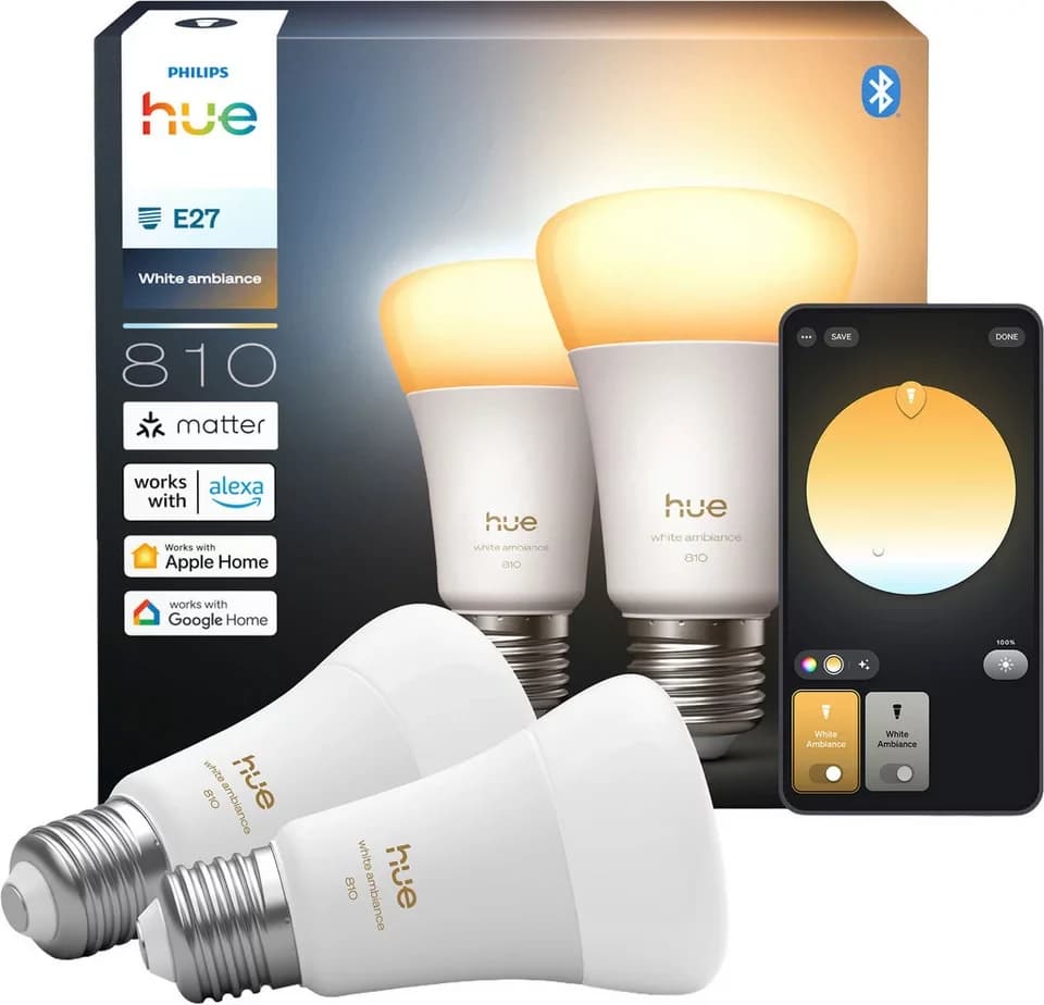 Philips Hue LED-Leuchtmittel White Ambiance 810lm smarte Lampe, E27, 2 St., Farbwechsler, Vollspektrumlicht 1000K-20000K