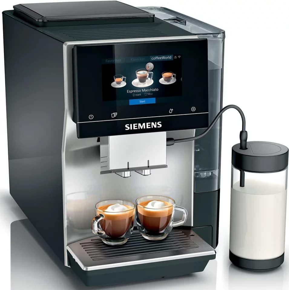 SIEMENS Kaffeevollautomat EQ700 classic TP715D47, Cold Brew, intuitives 5" TFT-Display, App, iaromaSelect, 10 Favoriten, autom. Dampfreinigung,silber metallic