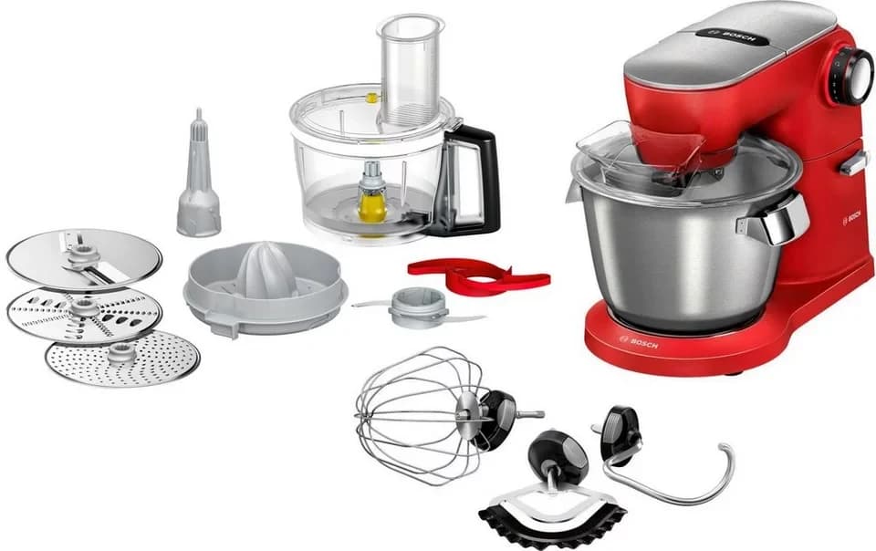 BOSCH Küchenmaschine Serie 8 MUM9A66R00, Gratis Set VeggieLove Plus MUZ9VLP1, 1600 W, 5,5 l Schüssel, Knethaken/Rühr-/Silikonbesen spülmaschinenfest, rot/silber