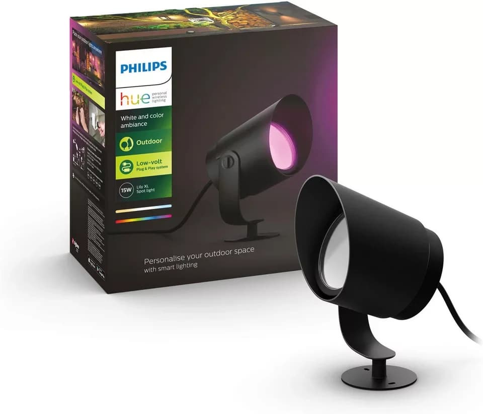 Philips Hue LED Gartenstrahler Outdoor White & Color Ambiance Lily XL Spot Niedervolt Erweiterung, Abschaltautomatik, Bluetooth, CCT - über Fernbedienung, Dimmfunktion, Einschlafhilfe, Farbsteuerung, Farbwechsel, Memory, nach Trennung vom Netz, Nachtlichtfunktion, RGB, Smart Home, Timerfunktion, Weckerfunktion, dimmbar über Fernbedienung, erweiterbar, mehrere Helligkeitsstufen, LED fest integriert, Farbwechsler, RGB, warmweiß - kaltweiß, App- & Sprachsteuerung, Smart Home, Farbe & Weiß, Niedervo