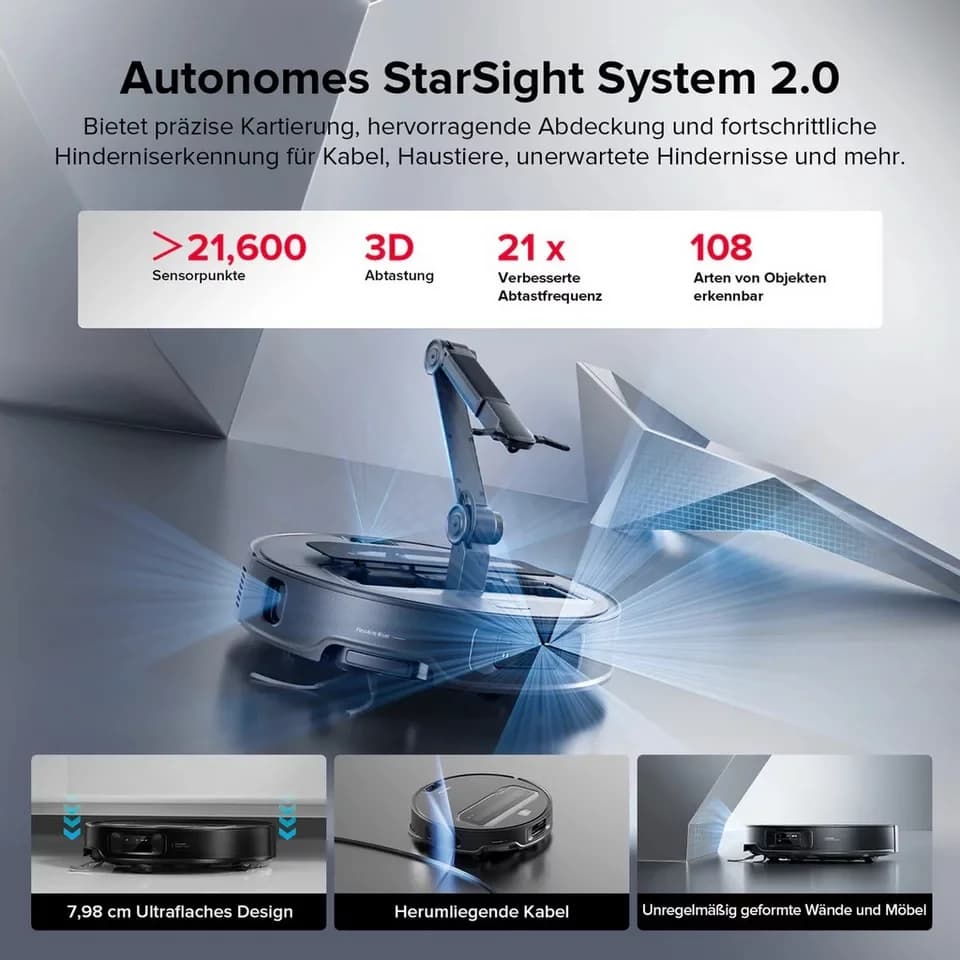 Roborock Nass-Trocken-Saugroboter Roborock Saros Z70 Staubsaugerroboter mit OmniGrip™ Arm silber, Beutellos 0,18 l, Saugen und Wischen in einem Arbeitsgang - Thumbnail 4