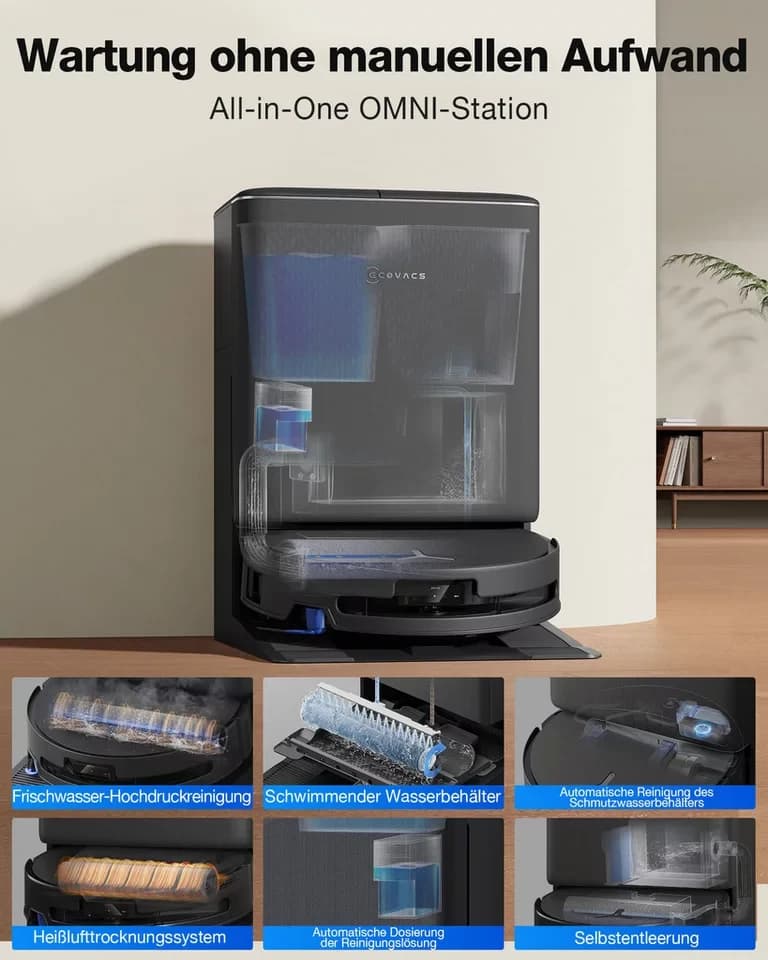 ECOVACS Nass-Trocken-Saugroboter DEEBOT T90 PRO OMNI (Black), 65 W, mit Beutel, Saug-und Wischroboter mit All-in-One Station und 30.000 Pa Saugkraft - Thumbnail 6
