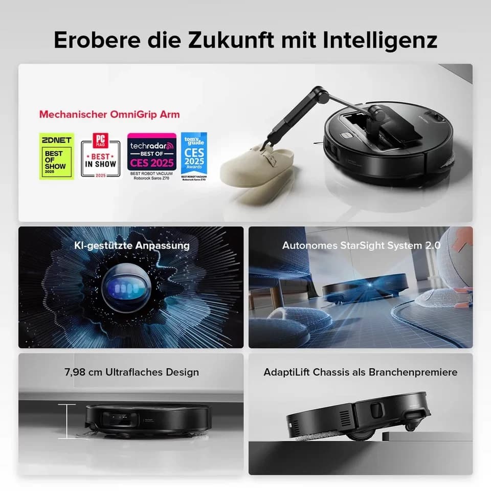Roborock Nass-Trocken-Saugroboter Roborock Saros Z70 Staubsaugerroboter mit OmniGrip™ Arm silber, Beutellos 0,18 l, Saugen und Wischen in einem Arbeitsgang - Thumbnail 2