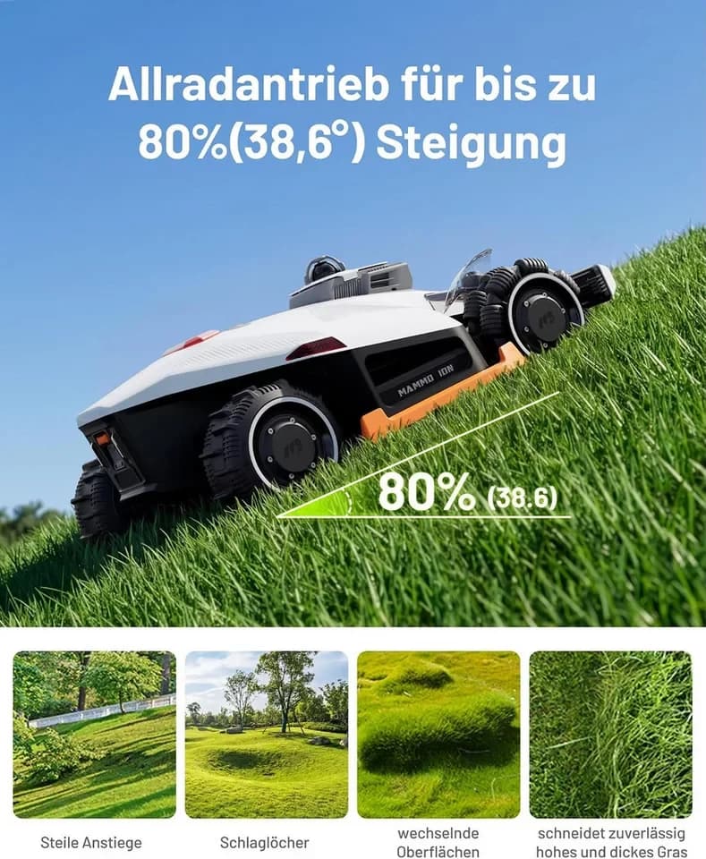 Mammotion Rasenmähroboter LUBA 3 AWD 3000 mit Garage, bis 3000 m² Rasenfläche, (360° LiDAR + Dual-Kamera-KI-Vision + NetRTK), Allradantrieb, Auto-Kartierung, 80% Steigung, 4G Moudel, APP - Thumbnail 6