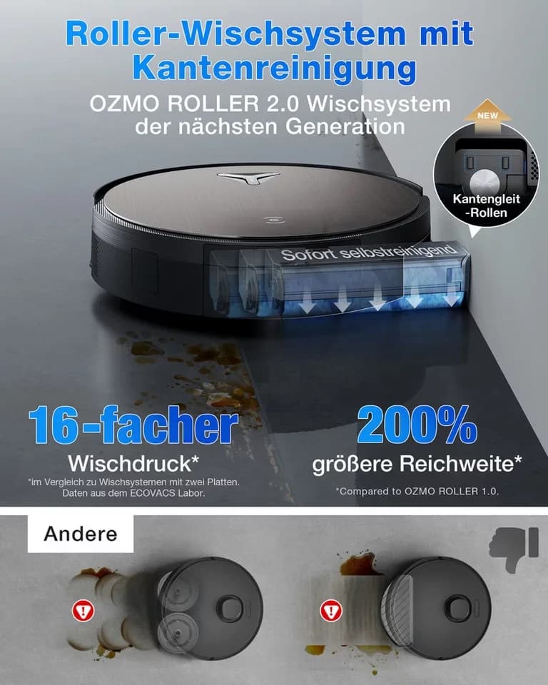 ECOVACS Saugroboter mit Wischfunktion DEEBOT X11 OmniCyclone, 19.500 Pa, 18 l/s Luftstrom, 110 W, beutellos, Schnellladefunktion, Wischrolle, beutellos - Thumbnail 5