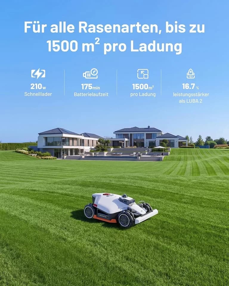Mammotion Rasenmähroboter LUBA 3 AWD 3000 mit Garage, bis 3000 m² Rasenfläche, (360° LiDAR + Dual-Kamera-KI-Vision + NetRTK), Allradantrieb, Auto-Kartierung, 80% Steigung, 4G Moudel, APP - Thumbnail 5