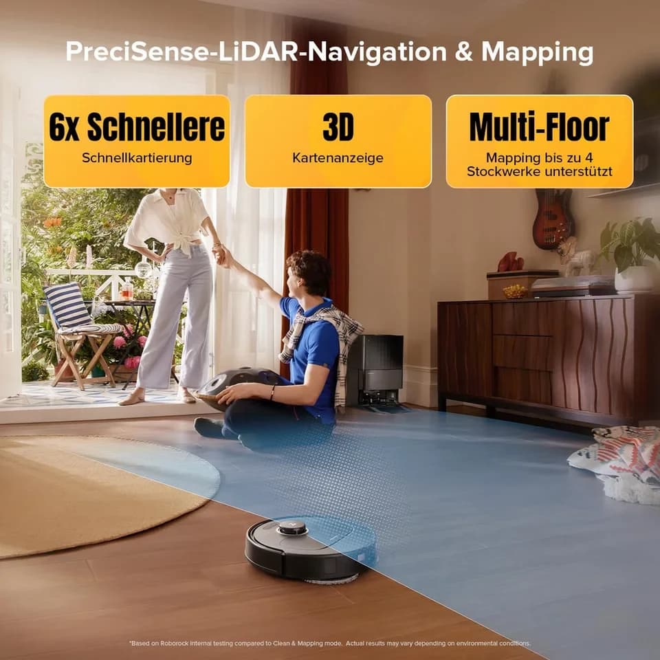 Roborock Saugroboter Qrevo S5V, FlexiArm Mopp(Upgrade von Qrevo/S7 Pro Ultra), 60 W, 12000Pa Saugkraft, 100% Haar-Entfernungsrate, 0% Verhedderung, Multifunktionales Dock, Reactive Tech-Hindernisvermeidung, PreciSense-LiDAR-Navigation - Thumbnail 9