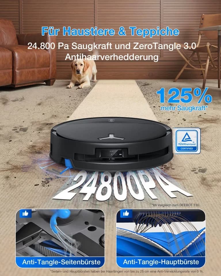 ECOVACS Nass-Trocken-Saugroboter DEEBOT T80S OMNI (Black), OZMO ROLLER 2.0 Wischtechnologie, 80 W, mit Beutel, 24.800 Pa Saugleistung, Triple Lift 10 mm - Thumbnail 8