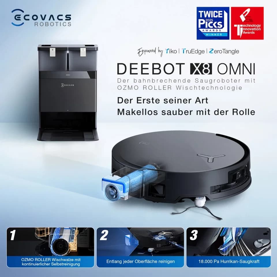 ECOVACS Saugroboter mit Wischfunktion, ECOVACS DEEBOT X8 OMNI, 18.000 Pa, OMNI-Station mit 75° Mopp-Waschen, OZMO ROLLER Wischen - Thumbnail 4